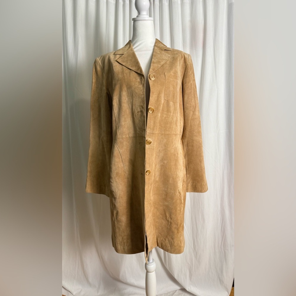 Vintage TCM beige suede leather trench coat jacket. Size 12-14